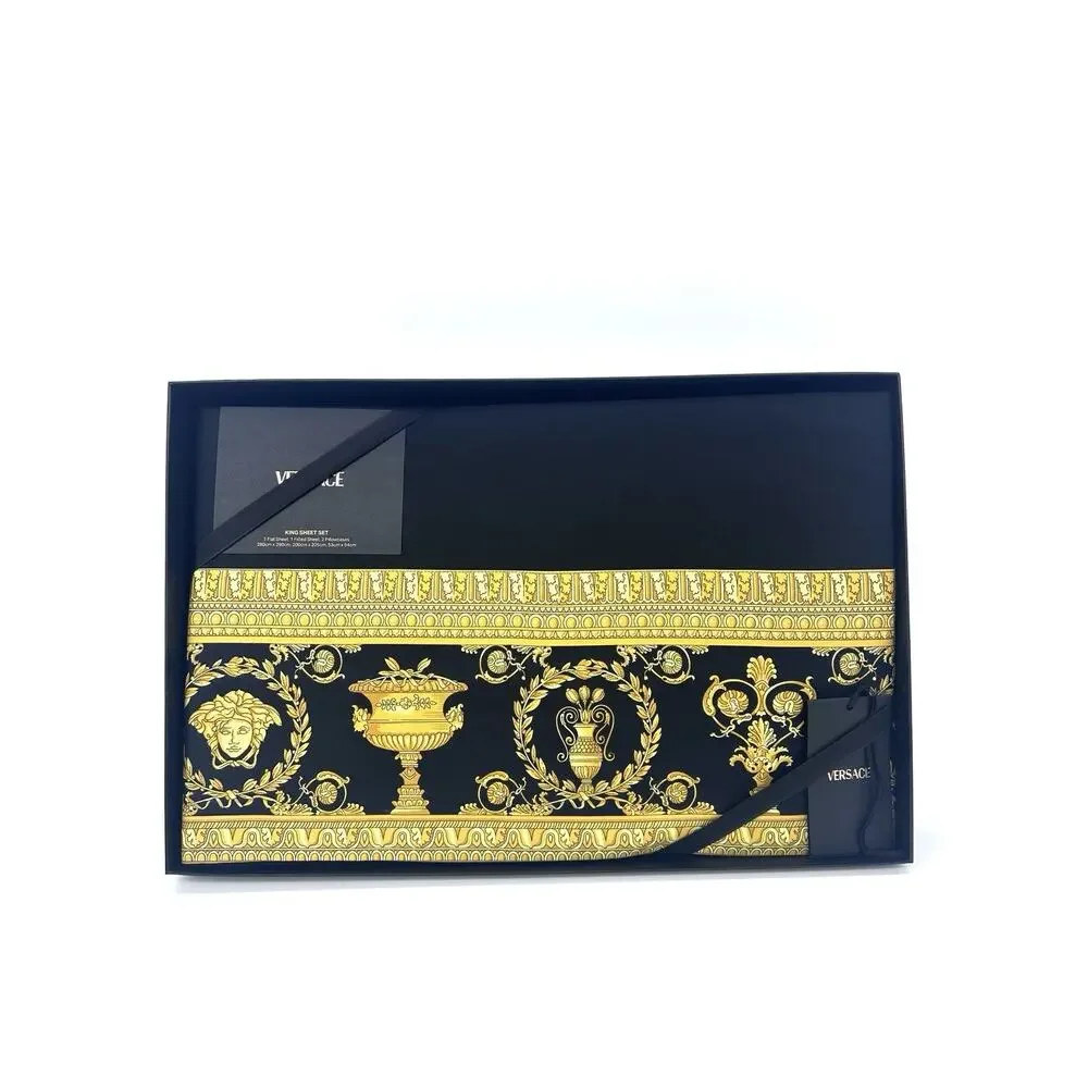 NIB Versace Home Bed Sheet Set 4 Pieces Black Gold Barocco Print Size King
